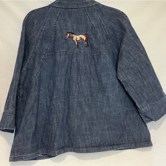 Christopher & Banks Denim Jacket 3/4 Sleeves Embroidered Horse Women's Size XL - Picture 8 of 11